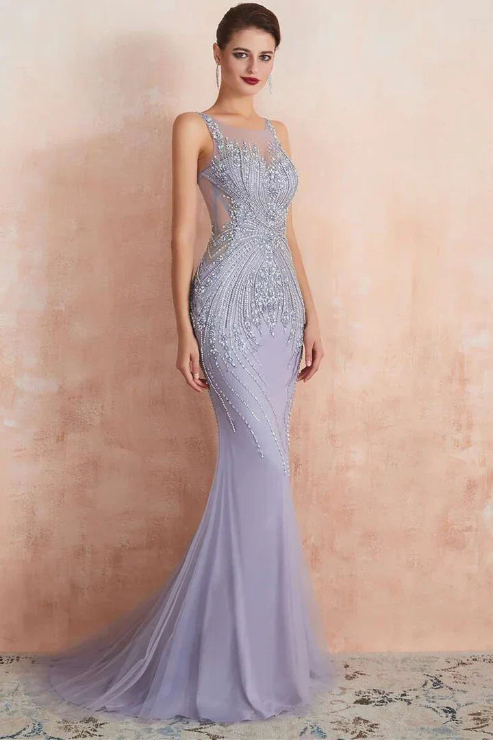 Lavender Round-Neck Sleeveless Mermaid Dress with Beading