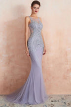 Lavender Round-Neck Sleeveless Mermaid Dress with Beading