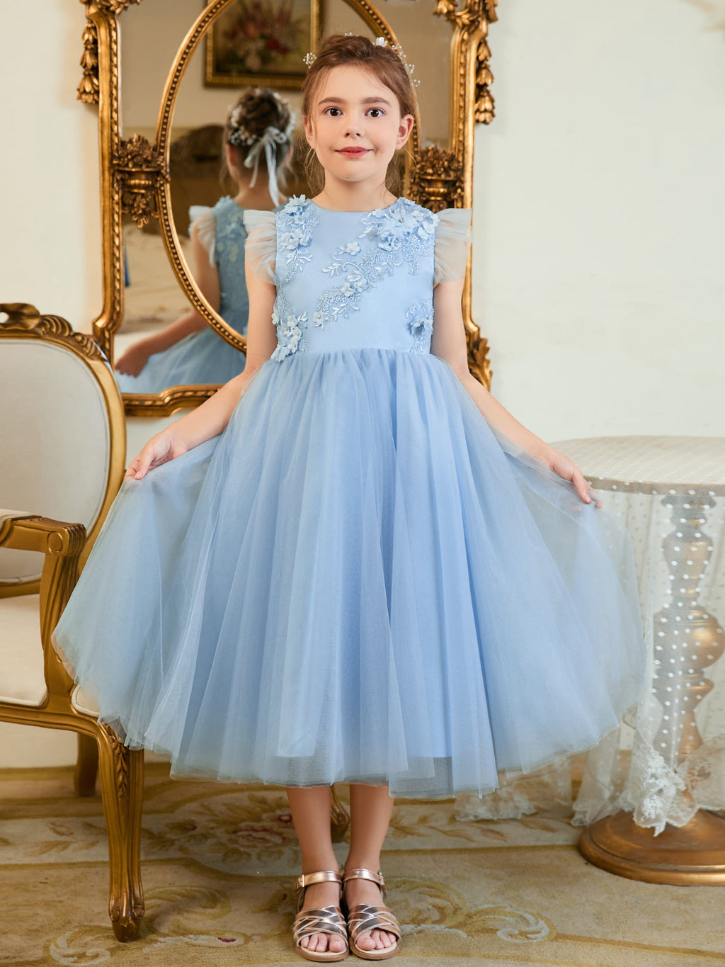 Ball-Gown/Princess Satin Tulle Tea-length Blue Dress (2003225970)