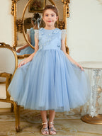 Ball-Gown/Princess Satin Tulle Tea-length Blue Dress (2003225970)