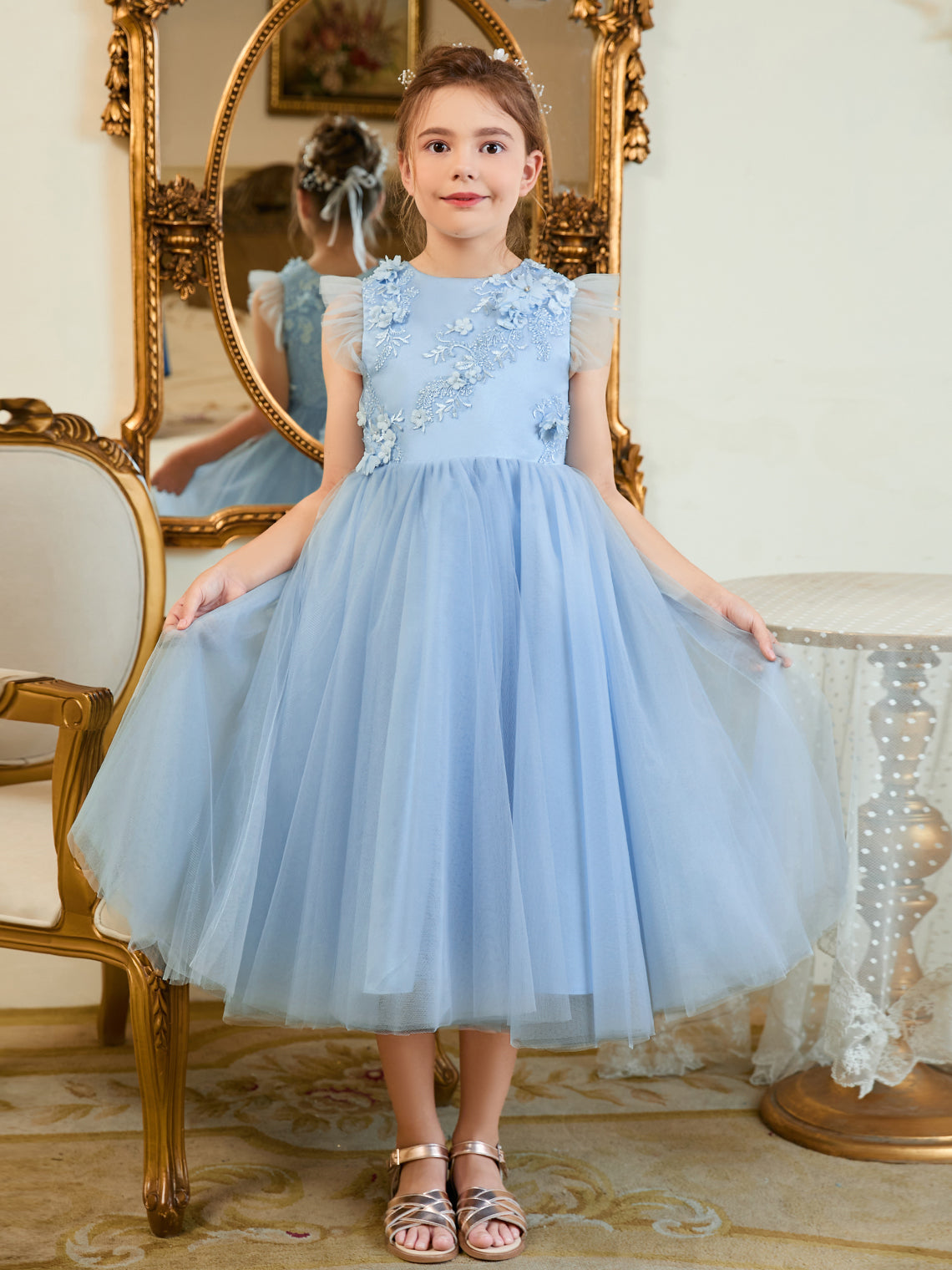 Ball-Gown/Princess Satin Tulle Tea-length Blue Dress (2003225970)