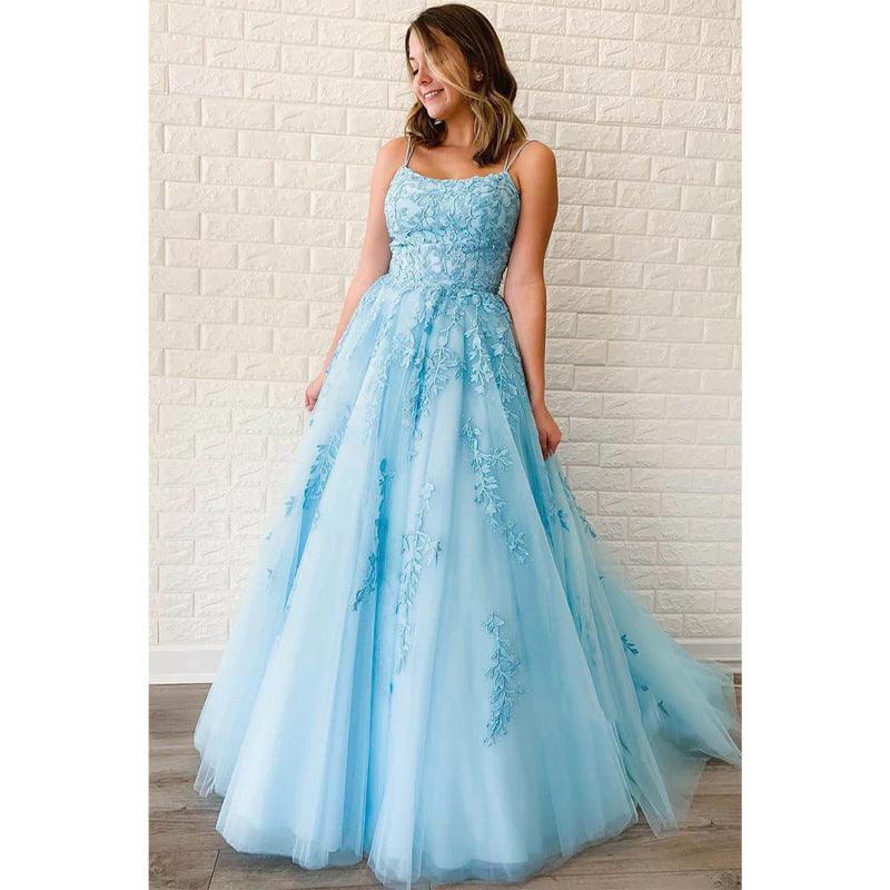 Sky Blue Tulle Appliques A-line Scoop Long Prom Dress