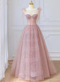 Tulle Round Neckline A-line Party Dress Floor Length Prom Dresses