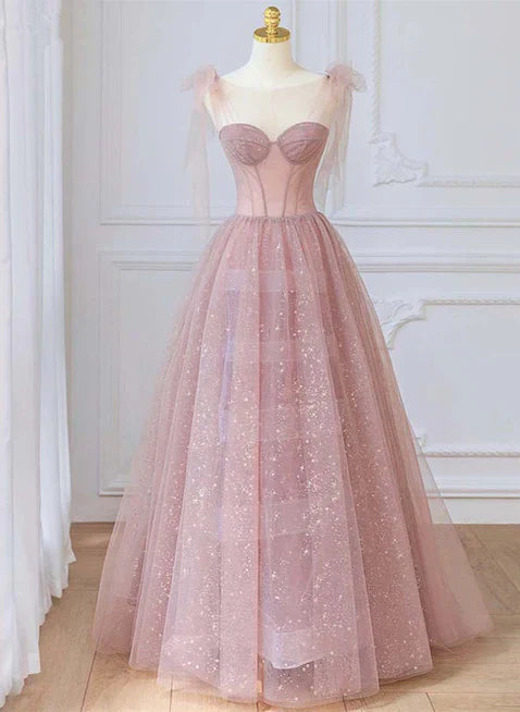 Tulle Round Neckline A-line Party Dress Floor Length Prom Dresses