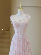 Light Round Neckline Lace Long Prom Dress A-line Pink Floor Length Party Dress