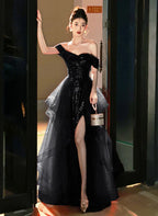 A-Line Princess Tulle Sequins Ruffle Tiered Long Prom Dress with Leg Slit Black Formal Dress