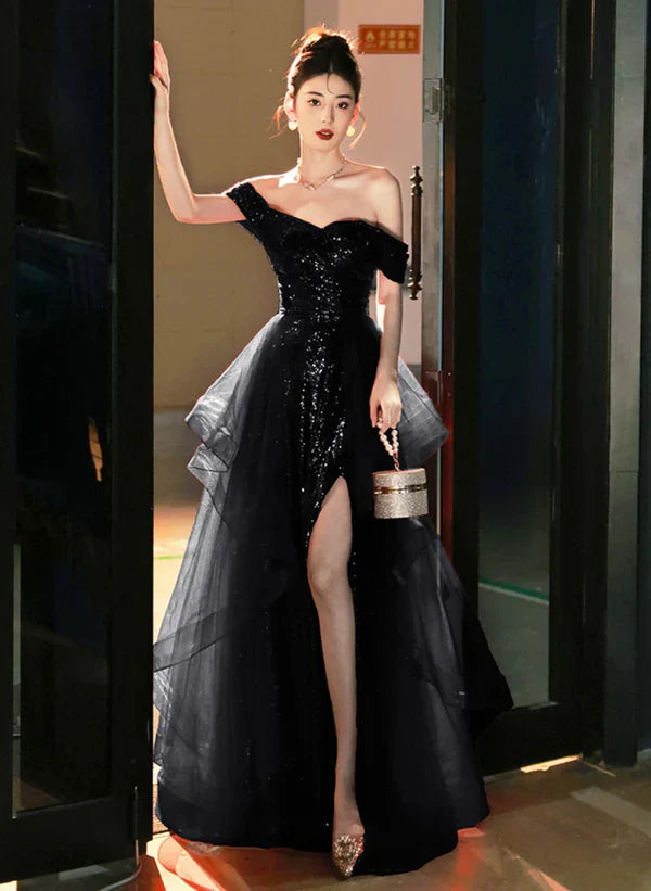 A-Line Princess Tulle Sequins Ruffle Tiered Long Prom Dress with Leg Slit Black Formal Dress