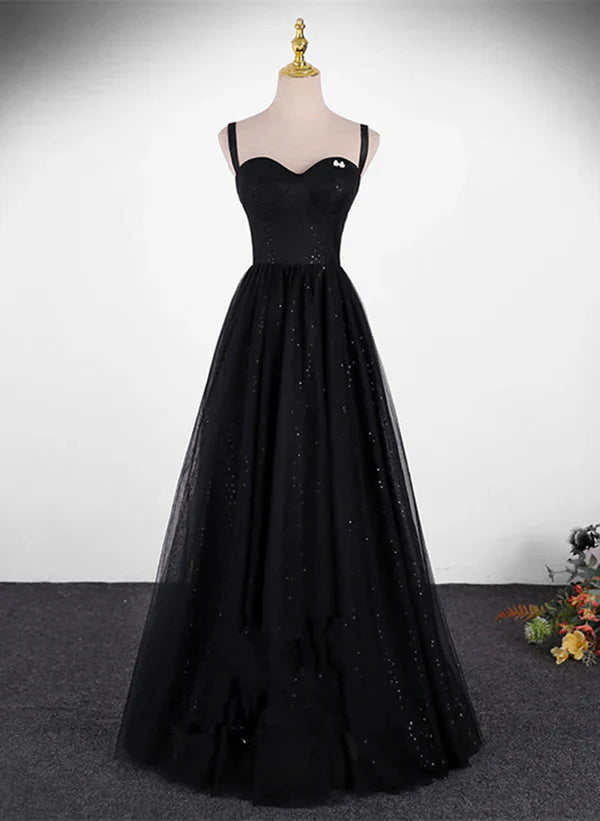 Sequins/Sparkling A-line Tulle Straps Simple Long Prom Dress Evening Dress