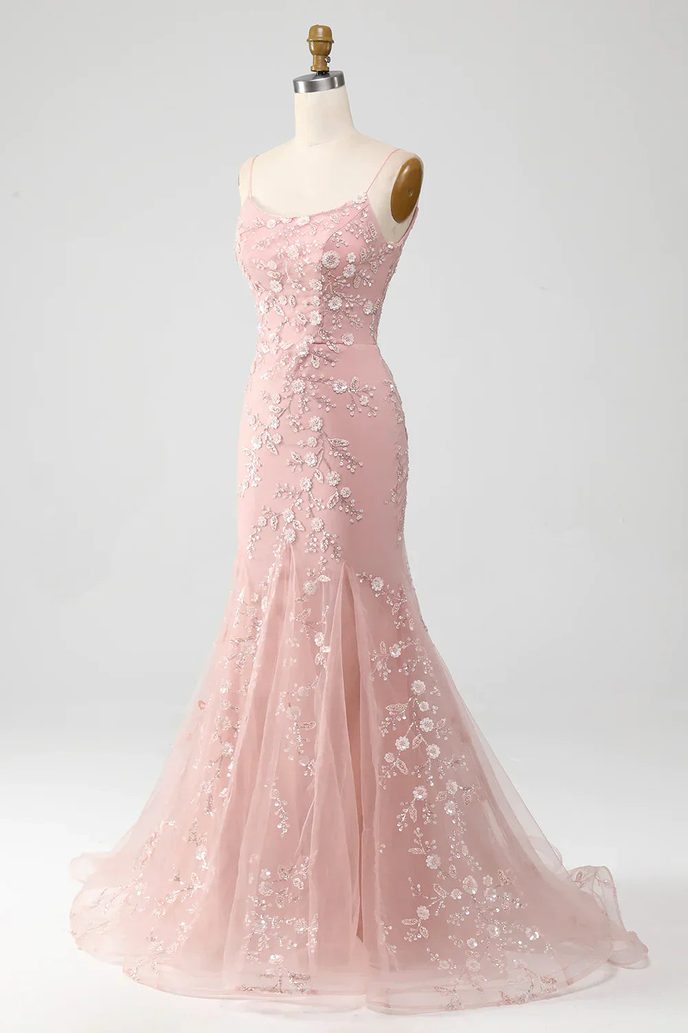 Sparkly Light Mermaid Lace Up Long Prom Dress Sequined Appliques With Sweep Train
