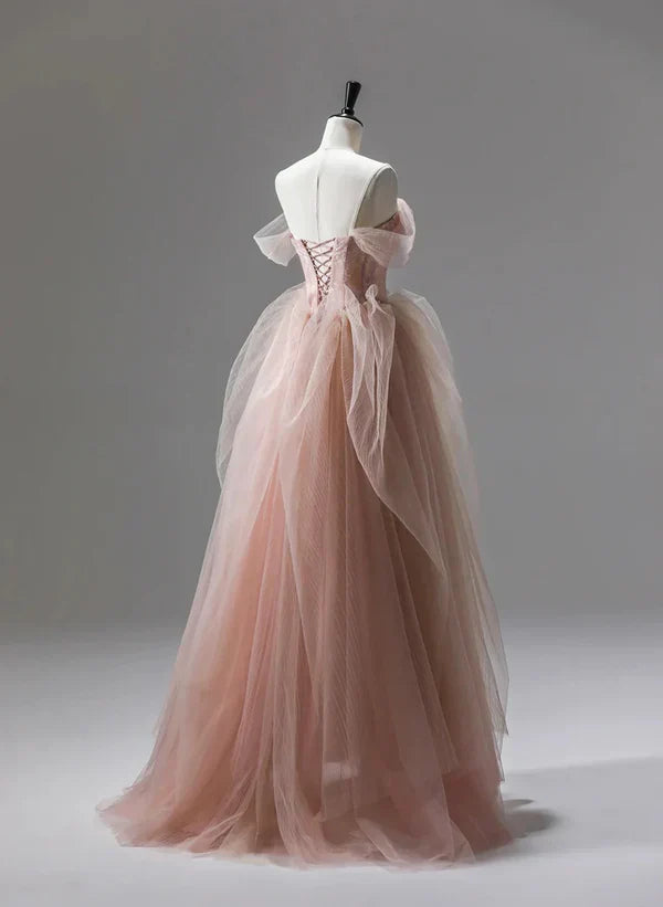 A-Line Princess Tulle Beaded Long Party Dress Prom Dress Floor Length Formal Dress