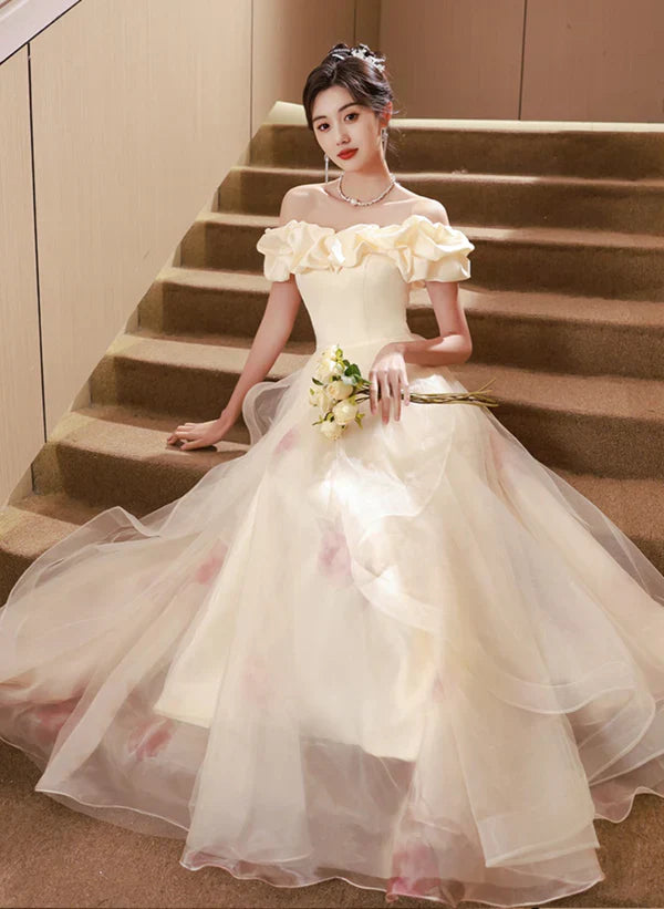 A-line Light Champagne Off Shoulder Long Prom Dress Evening Dress
