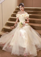 A-line Light Champagne Off Shoulder Long Prom Dress Evening Dress