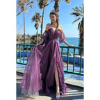 Glamorous & Dramatic A-line Short Sleeves Off-Shoudler Sparkly Tulle Formal Party Prom Dress