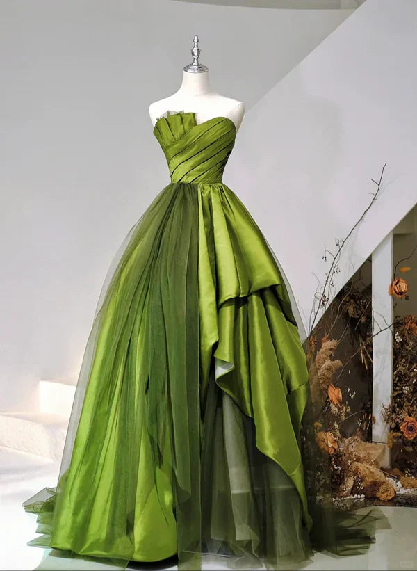 A-Line Princess Ballgown Satin and Tulle Sweetheart Long Party Dress Prom Dress