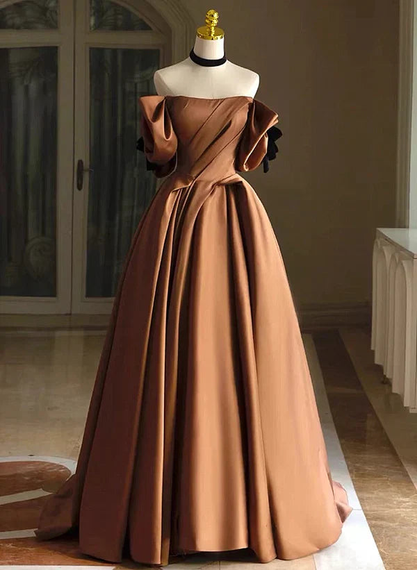 A-line Ballgown Satin Off Shoulder Scoop Long Prom Dress Evening Dress