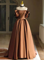 A-line Ballgown Satin Off Shoulder Scoop Long Prom Dress Evening Dress