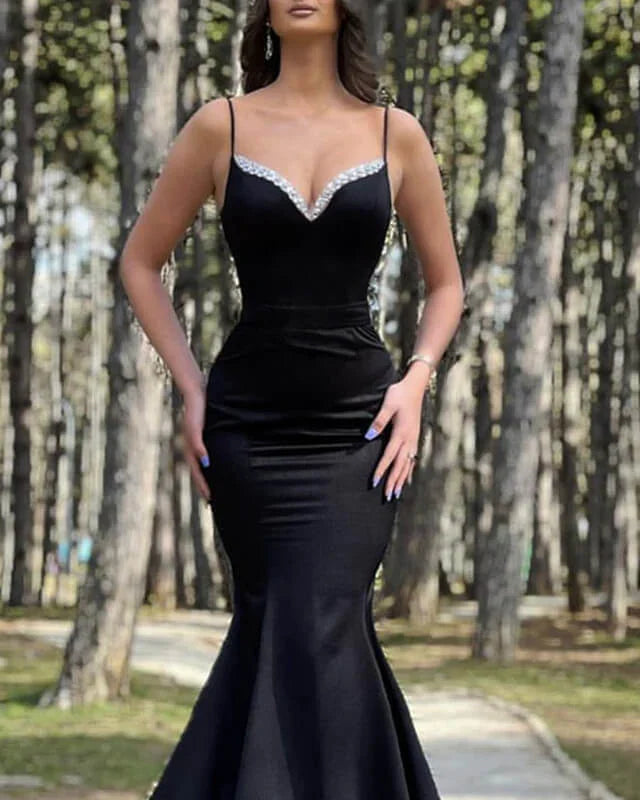 Black Mermaid Spaghetti Straps Beaded V-neck Satin Dress Evening Dresses