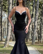 Black Mermaid Spaghetti Straps Beaded V-neck Satin Dress Evening Dresses