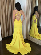 Simple Backless Satin Long Prom Dress Evening Dress With Sweep Train