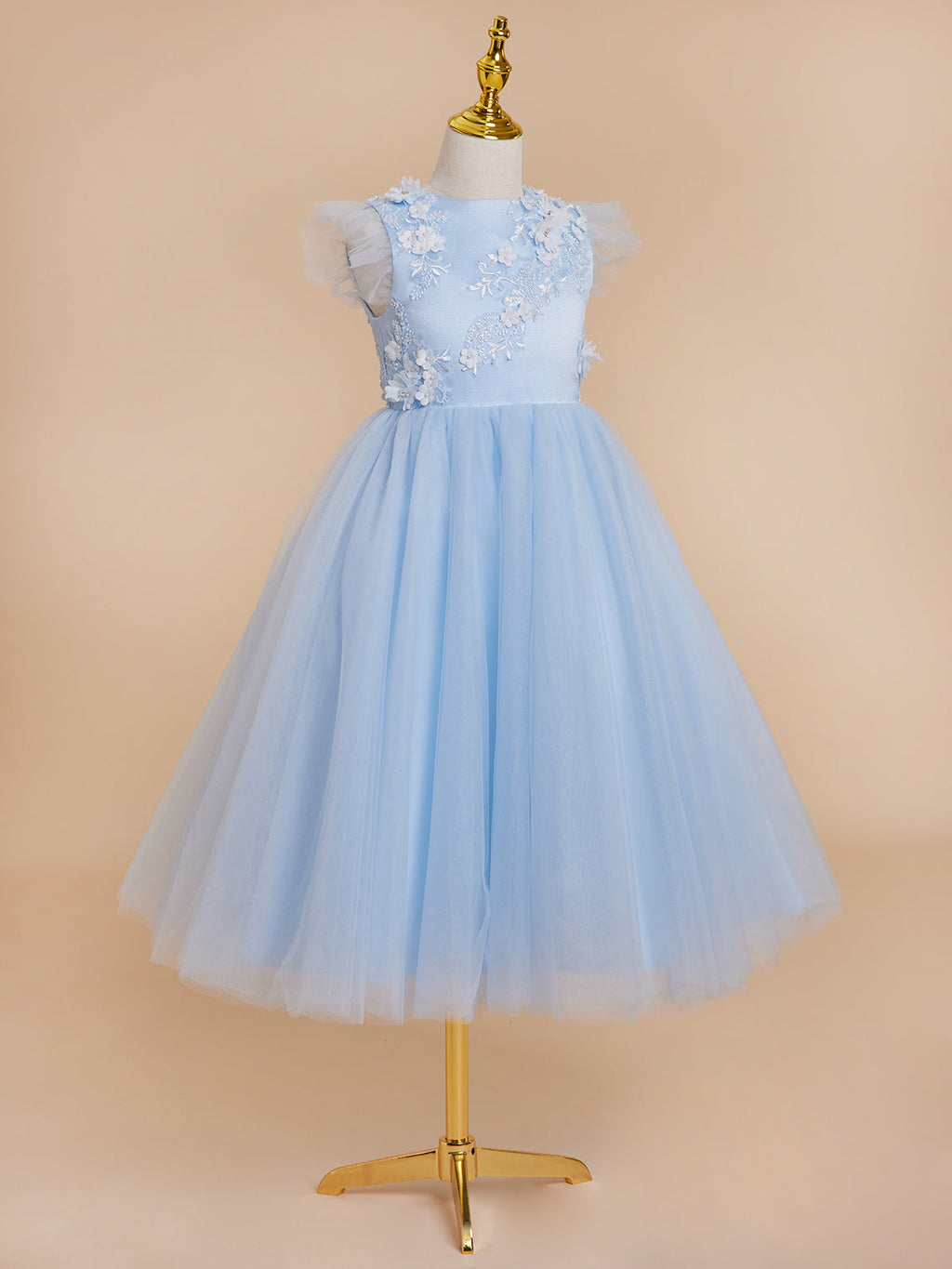 Ball-Gown/Princess Satin Tulle Tea-length Blue Dress (2003225970)