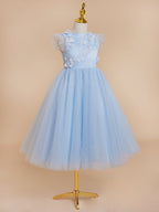 Ball-Gown/Princess Satin Tulle Tea-length Blue Dress (2003225970)