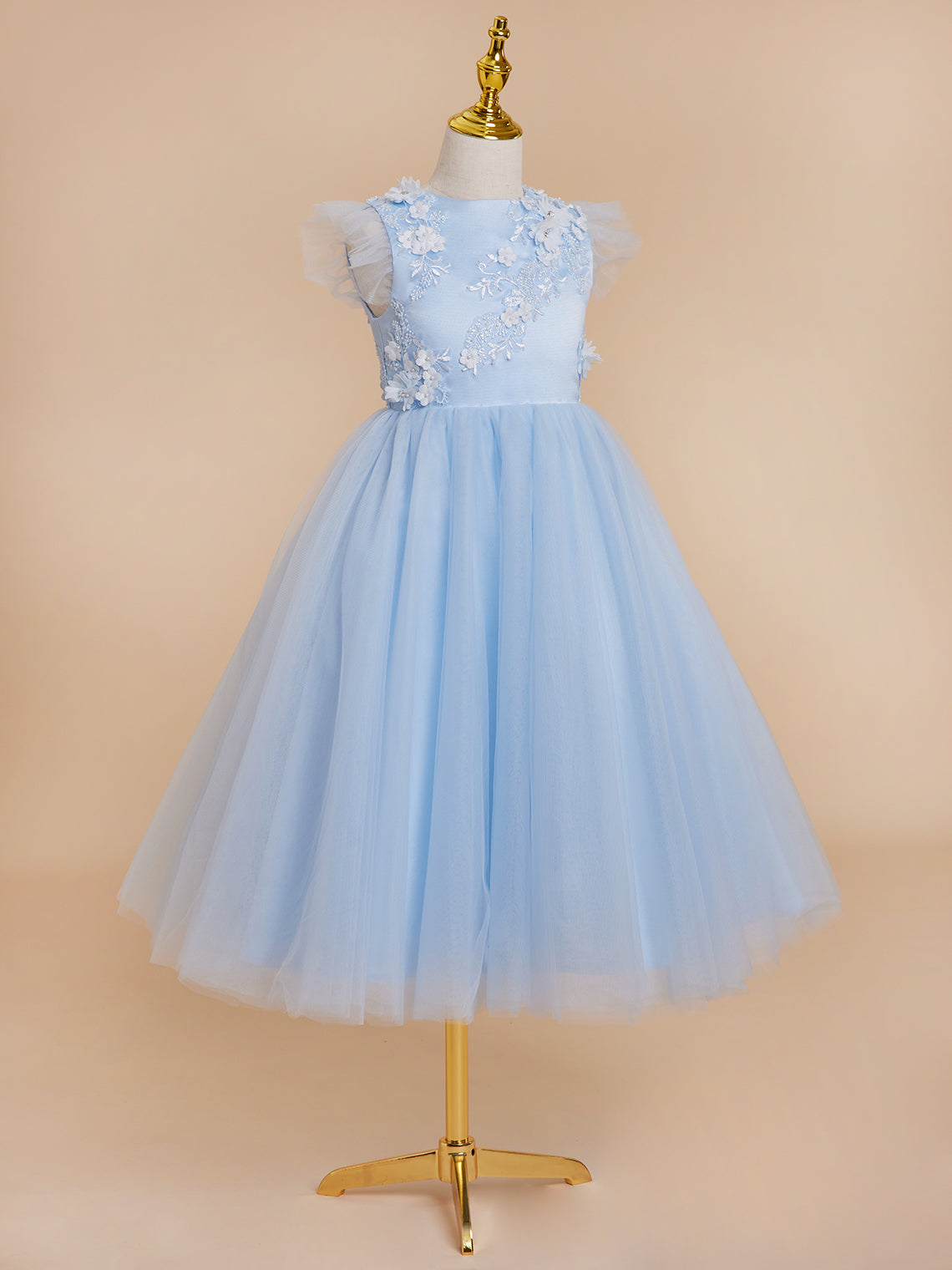 Ball-Gown/Princess Satin Tulle Tea-length Blue Dress (2003225970)