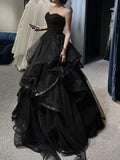 A-Line Sweetheart Neck Tulle Ruffle Tiered Ballgown Long Prom Dress