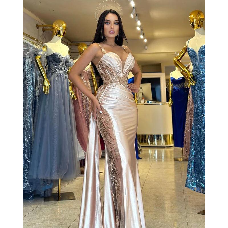 Ruched Sequined Lace Satin Sheath Long Prom Gown