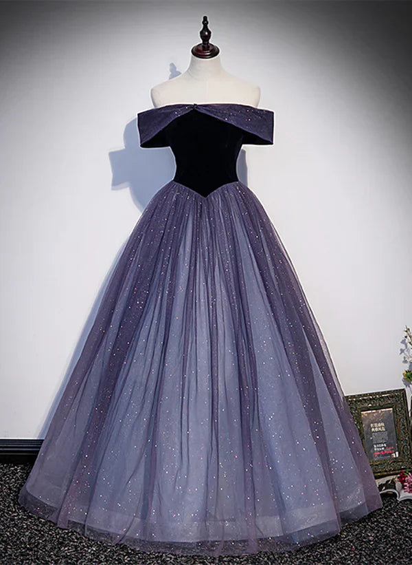 Sparkling Gradient Tulle Off Shoulder A-line Evening Dress Prom Dress