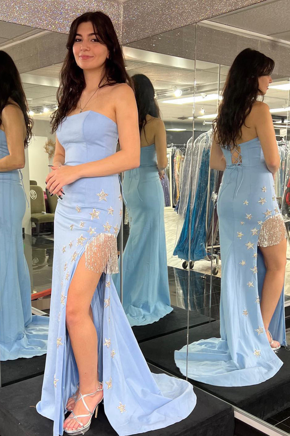 Sheath Strapless Strech Satin Prom Dress with Stars and Fringes