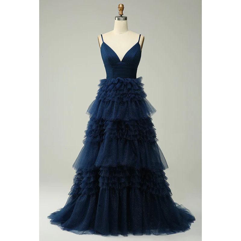 V-Neck Spaghetti Straps Ruched Tulle A-Line Long Homecoming Court Dress