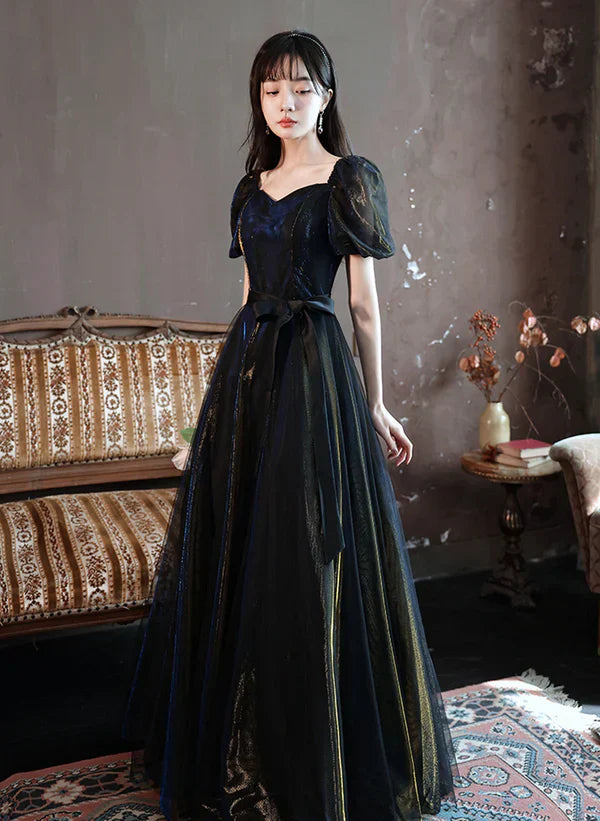Glitter A-line Ballgown Short Sleeves Tulle Long Formal Dress Evening Dress Prom Dress