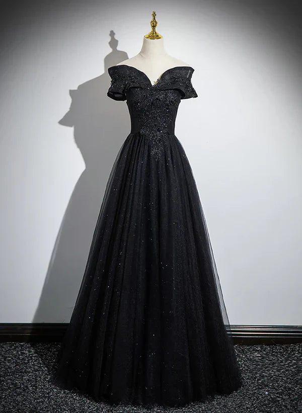 Glitter Off Shoulder A-line Tulle With Lace Party Dress Long Prom Dress