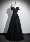 Glitter Off Shoulder A-line Tulle With Lace Party Dress Long Prom Dress