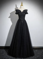 Glitter Off Shoulder A-line Tulle With Lace Party Dress Long Prom Dress