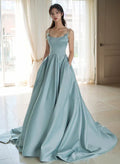 A-Line Satin Beaded Straps Long Evening Dress Ballgown Satin Prom Dress With Sweep Train