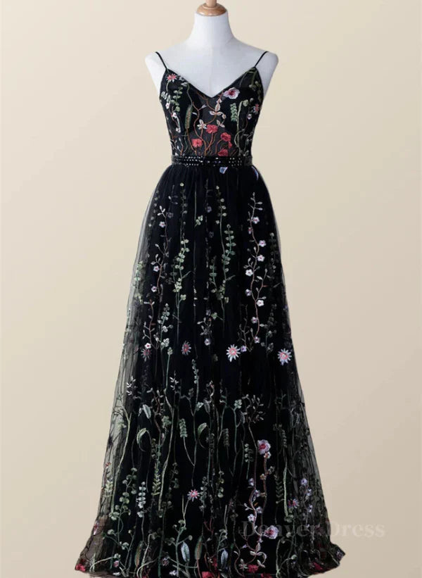 Black Floral Tulle A-line V-neckline Long Prom Dress Evening Dress Party Dress