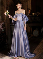 A-Line Light Satin Beaded Off Shoulder Prom Dress Evening Dress