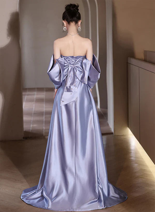 A-Line Light Satin Beaded Off Shoulder Prom Dress Evening Dress