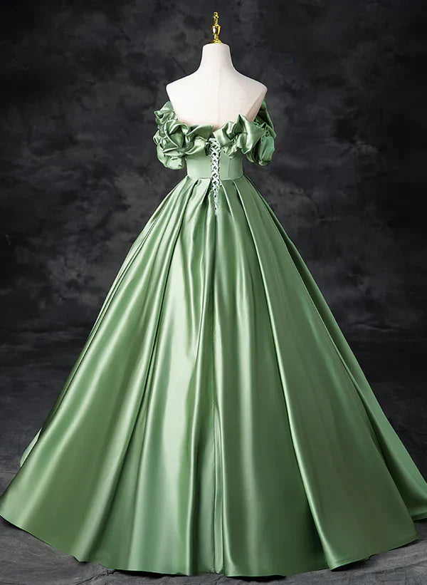 Satin Off Shoulder Long Party Dress A-line Green Prom Dress Quinceanera Dress