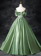 Satin Off Shoulder Long Party Dress A-line Green Prom Dress Quinceanera Dress