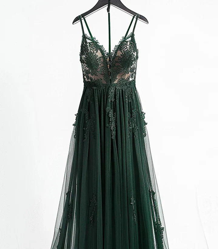 A-line V-neckline Spaghetti Strap Tulle with Lace Prom Dress Evening Dress