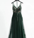 A-line V-neckline Spaghetti Strap Tulle with Lace Prom Dress Evening Dress