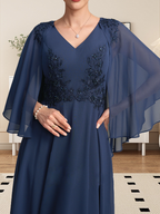 A-line V-Neck Tea-Length Chiffon Lace Mother of the Bride Dress With Beading Sequins