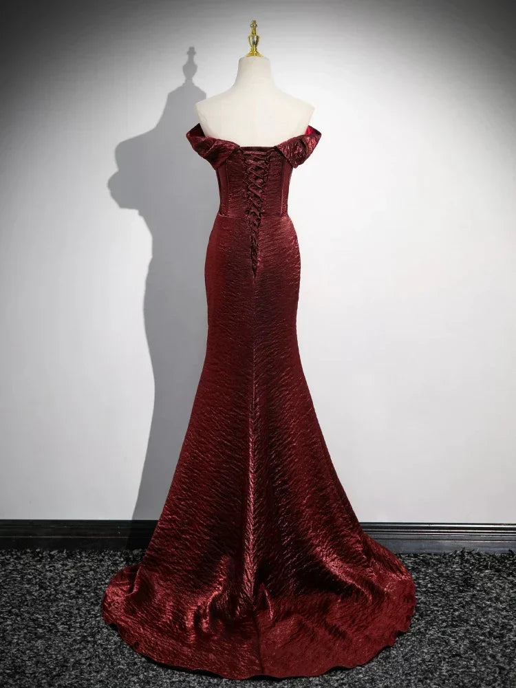 Mermaid Off Shoulder Satin Long Corset Prom Dress Formal Dress With Sweep Train