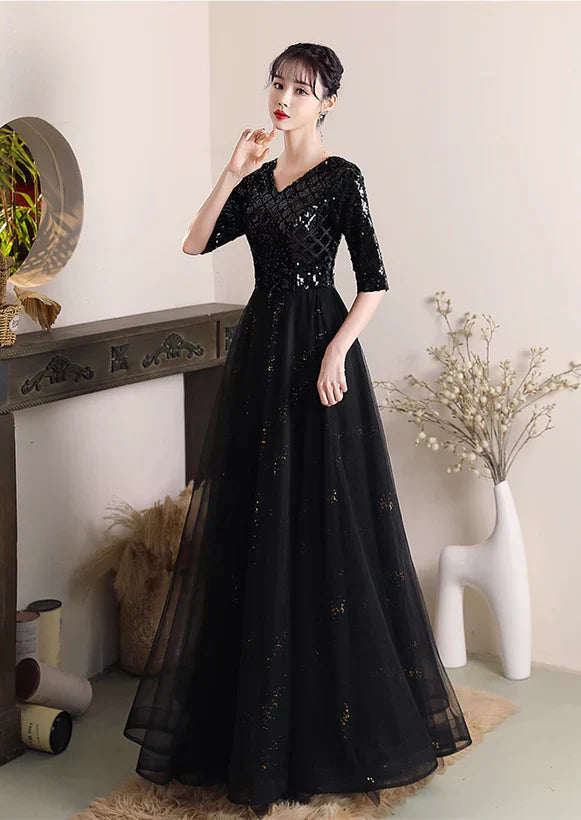 A-line V-Neck Sequins and Tulle Long Formal Dress Wedding Party Dress