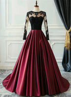 A-Line Ballgown Wine Satin with Black Lace Long Sleeves Prom Dress Formal Dress