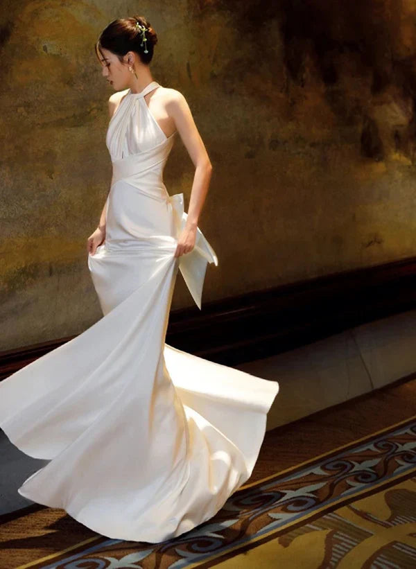 Simple Halterneck Satin Long Party Dress Prom Dress Floor-length Evening Dress
