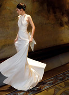 Simple Halterneck Satin Long Party Dress Prom Dress Floor-length Evening Dress