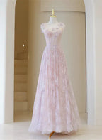 Light Round Neckline Lace Long Prom Dress A-line Pink Floor Length Party Dress